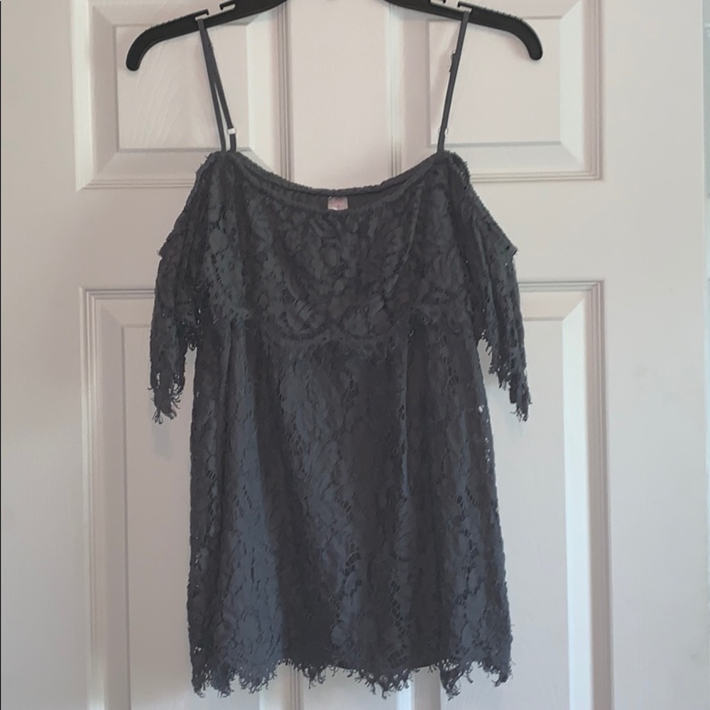 Gray lace off the shoulder top.